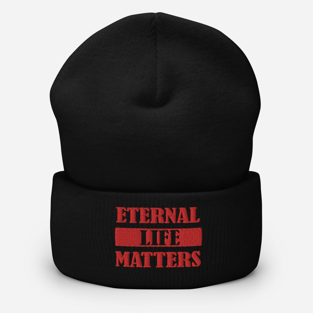 Eternal Life Matters Cuffed Beanie w/ Red Lettering