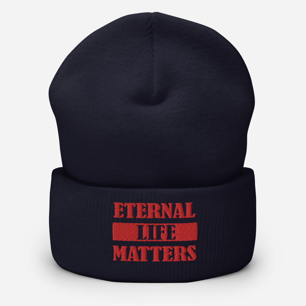 Eternal Life Matters Cuffed Beanie w/ Red Lettering