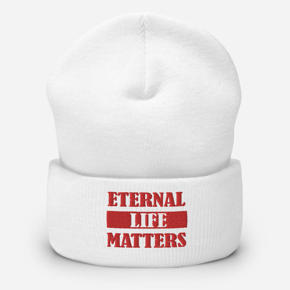 Eternal Life Matters Cuffed Beanie w/ Red Lettering